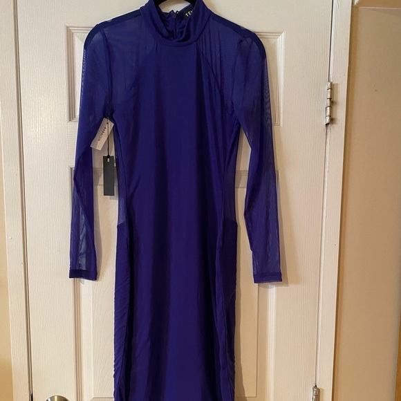Long-sleeve, mock-neck bodycon dress with sheer back and side panels. - Picture 4 of 5